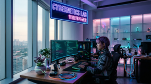 Researcher coding at a workstation beneath a Cybernetics Lab sign